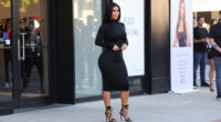 Kim Kardashian Wears A Black Bodycon Dress And Lace-Up Stilettos To New Pop-Up Event