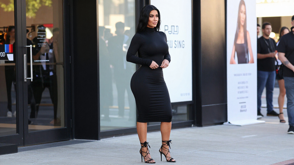 Kim Kardashian Wears A Black Bodycon Dress And Lace-Up Stilettos To New Pop-Up Event