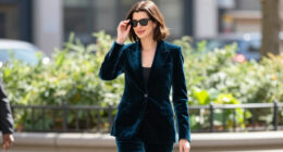 Anne Hathaway Embraces This Season’s Electric Teal In A Luxurious Velvet Set