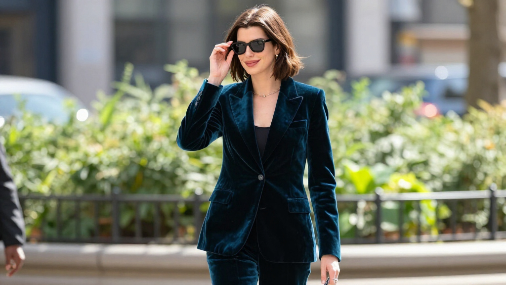 Anne Hathaway Embraces This Season’s Electric Teal In A Luxurious Velvet Set